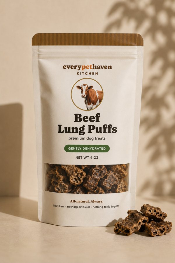 Beef Lung Puffs - light, low-fat lung - EveryPetHaven Kitchen gently dehydrated dog treats