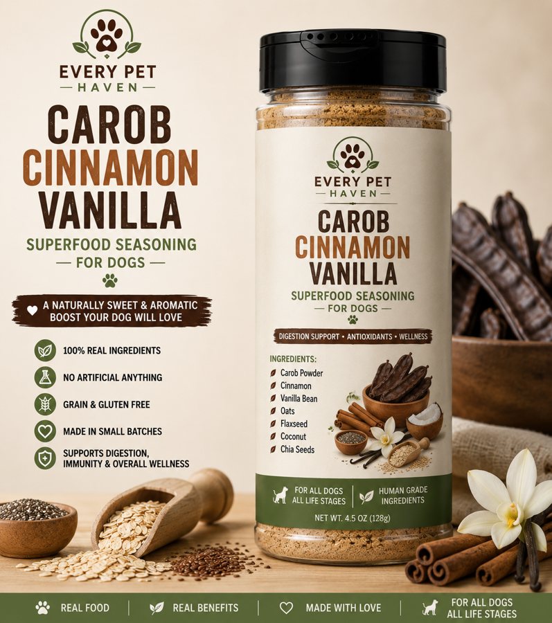Carob Cinnamon Vanilla Superfood Seasoning - whole-food carob and cinnamon meal topper for dogs - EveryPetHaven Kitchen