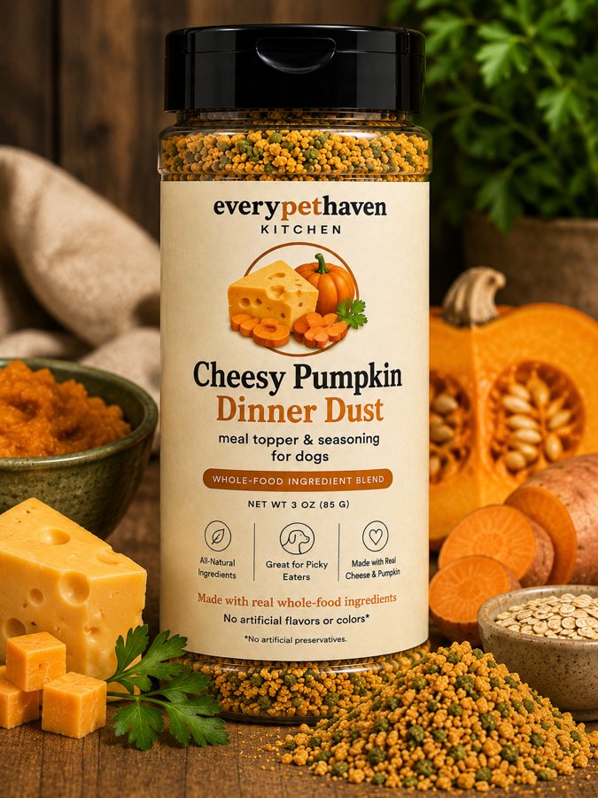 Cheesy Pumpkin Dinner Dust - whole-food cheese and pumpkin meal topper for dogs - EveryPetHaven Kitchen