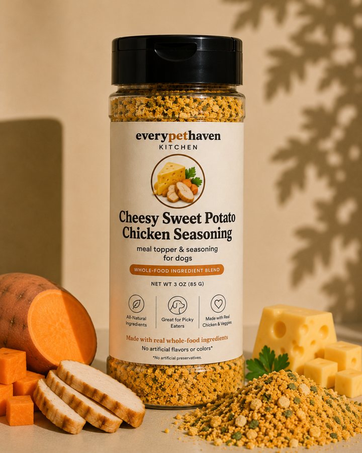 Cheesy Sweet Potato Chicken Seasoning - whole-food cheese and chicken meal topper for dogs - EveryPetHaven Kitchen
