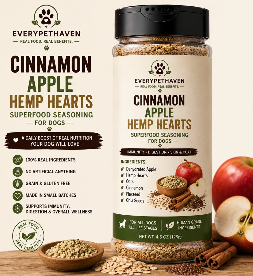 Cinnamon Apple Hemp Hearts Superfood Seasoning - whole-food apple and hemp meal topper for dogs - EveryPetHaven Kitchen