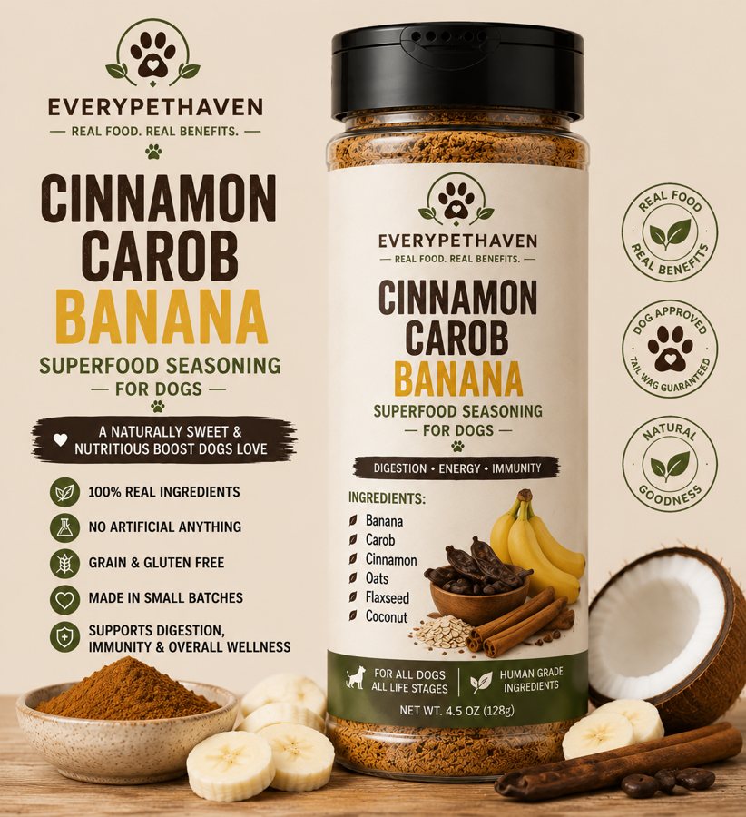 Cinnamon Carob Banana Superfood Seasoning - whole-food banana and carob meal topper for dogs - EveryPetHaven Kitchen