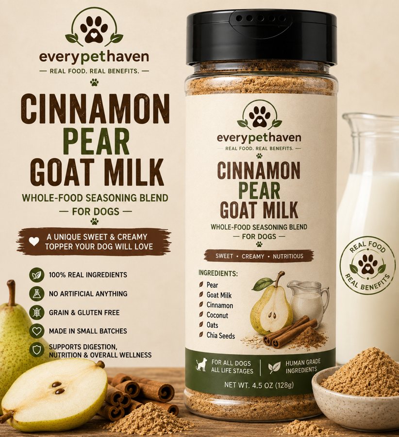 Cinnamon Pear Goat Milk Seasoning - whole-food pear and goat milk meal topper for dogs - EveryPetHaven Kitchen