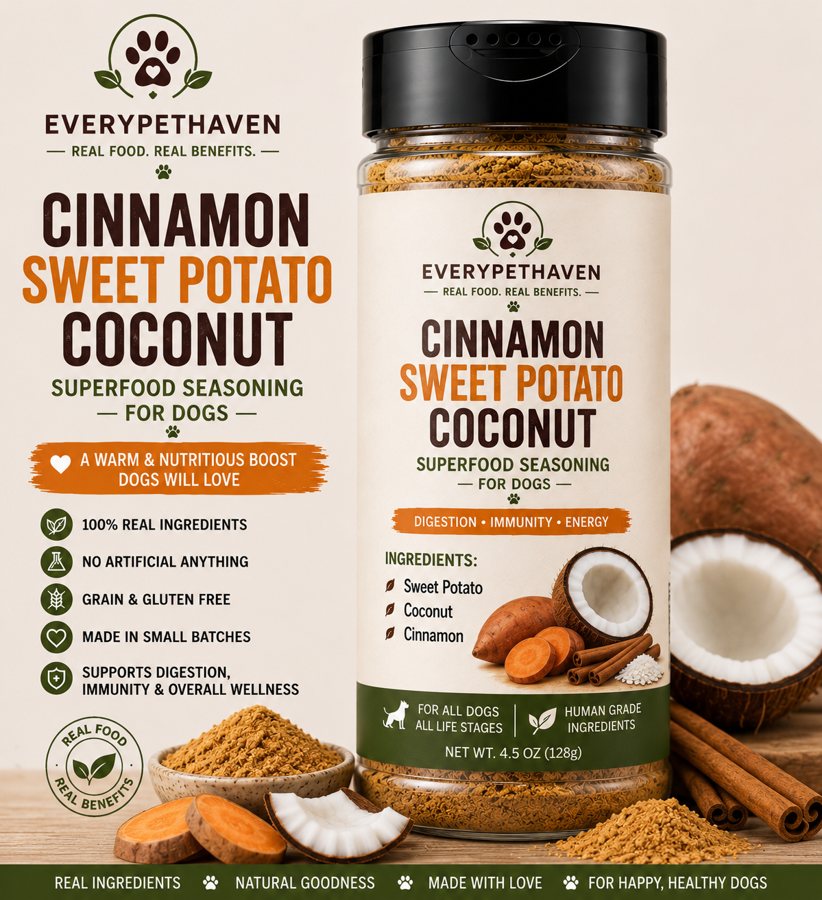 Cinnamon Sweet Potato Coconut Superfood Seasoning - whole-food sweet potato and coconut meal topper for dogs - EveryPetHaven Kitchen