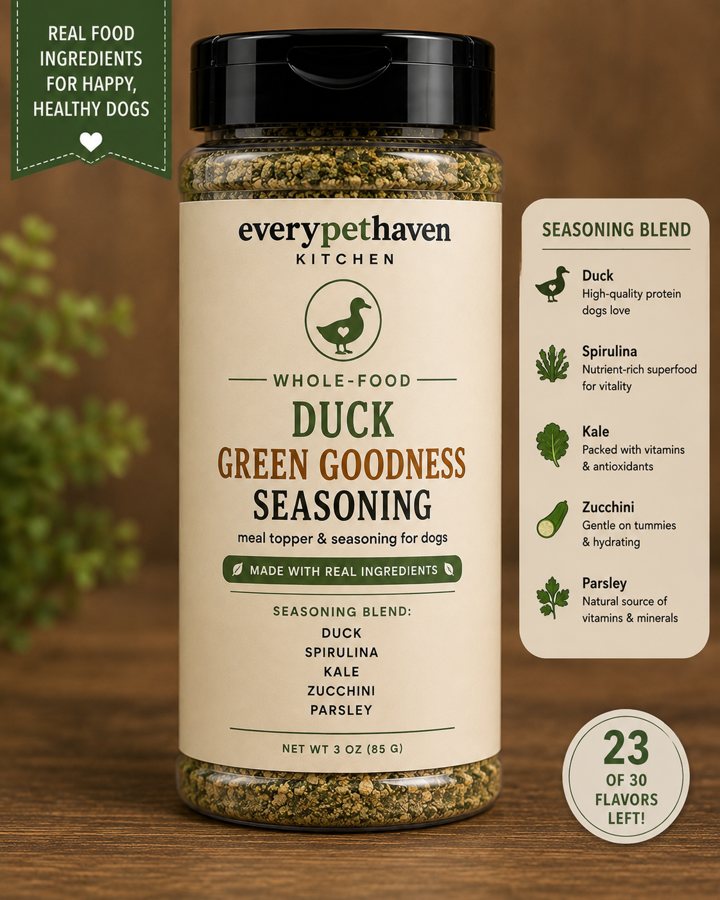 Duck Green Goodness Seasoning - whole-food duck and greens meal topper for dogs, novel protein - EveryPetHaven Kitchen