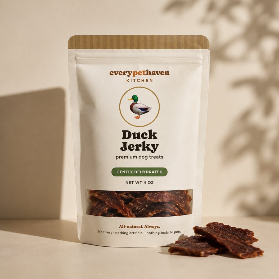 Duck Jerky - novel protein - EveryPetHaven Kitchen gently dehydrated dog treats