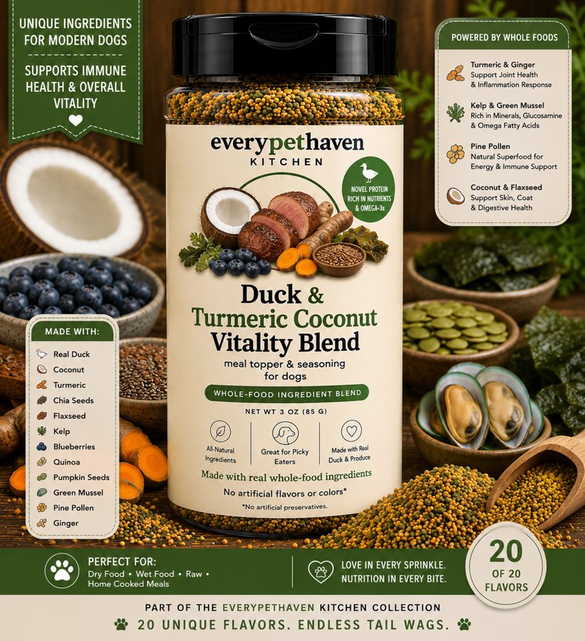 Duck and Turmeric Coconut Vitality Blend - whole-food duck and superfood meal topper for dogs, novel protein - EveryPetHaven Kitchen