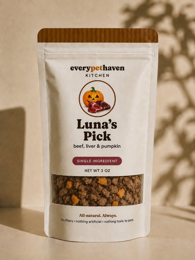 Luna's Pick - beef, liver & pumpkin - EveryPetHaven Kitchen gently dehydrated dog treats