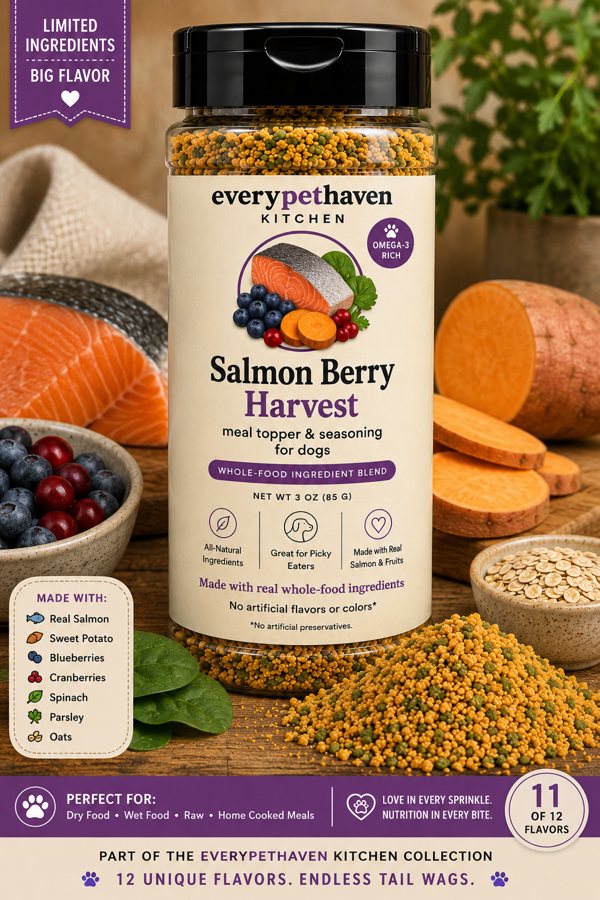 Salmon Berry Harvest - whole-food salmon, berry and sweet potato meal topper for dogs, omega-3 rich - EveryPetHaven Kitchen