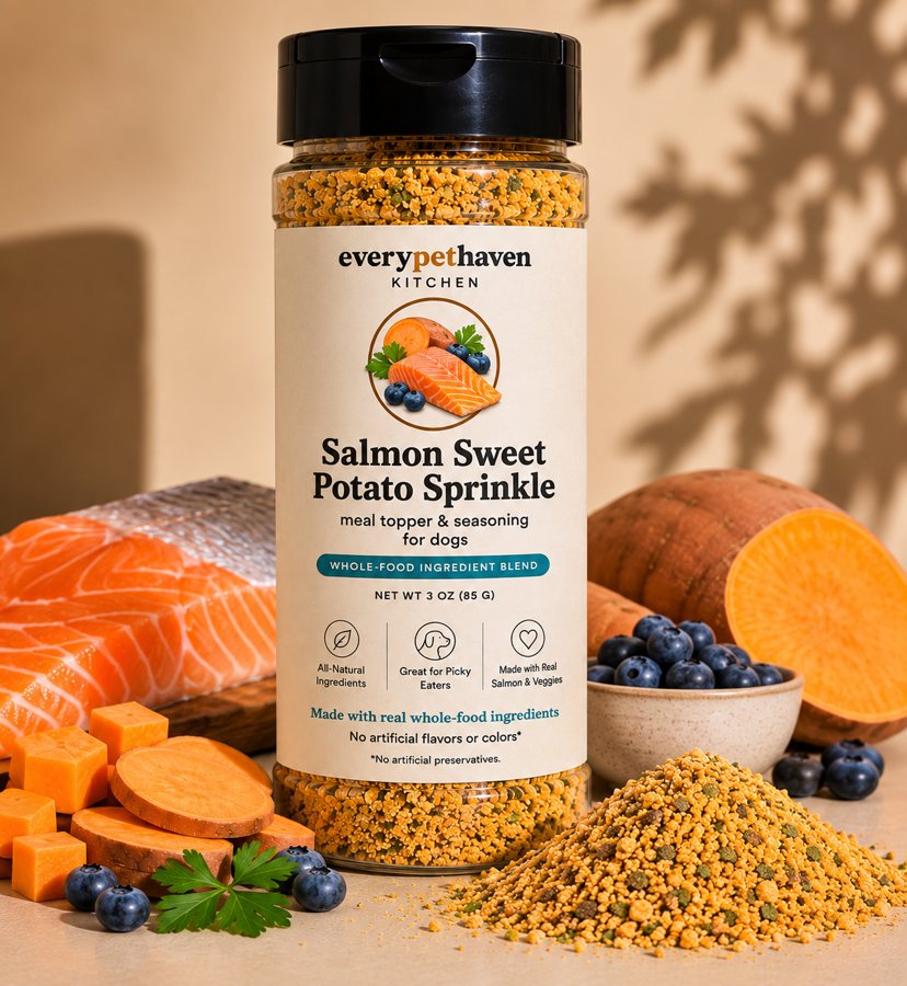 Salmon Sweet Potato Sprinkle - whole-food salmon and sweet potato meal topper for dogs - EveryPetHaven Kitchen
