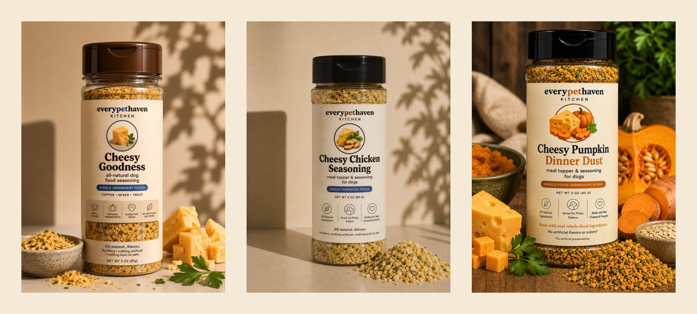 Cheesy Lovers Seasoning Trio - three whole-food dog seasonings - EveryPetHaven Kitchen