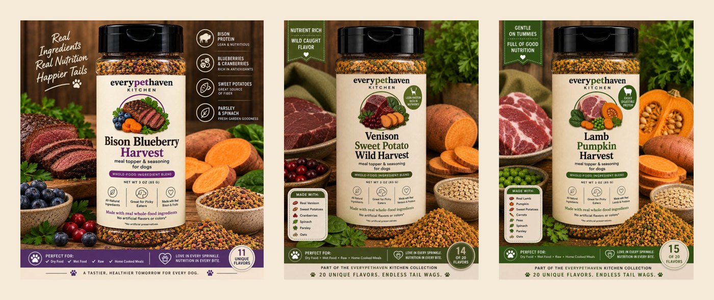 Novel Protein Seasoning Trio - three whole-food dog seasonings - EveryPetHaven Kitchen